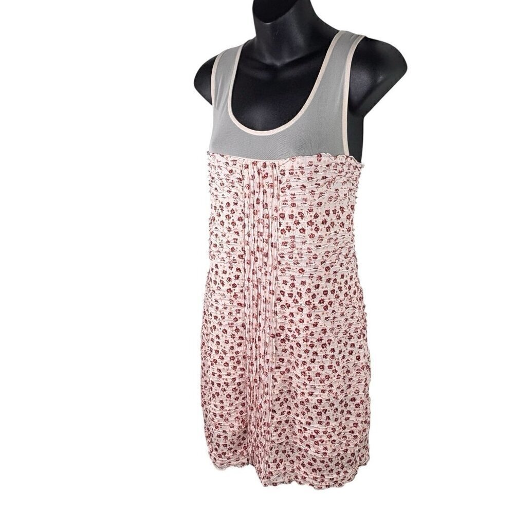 Free People Sleeveless Floral Peach Pink Mesh Ruched Bodycon Mini Dress Women L